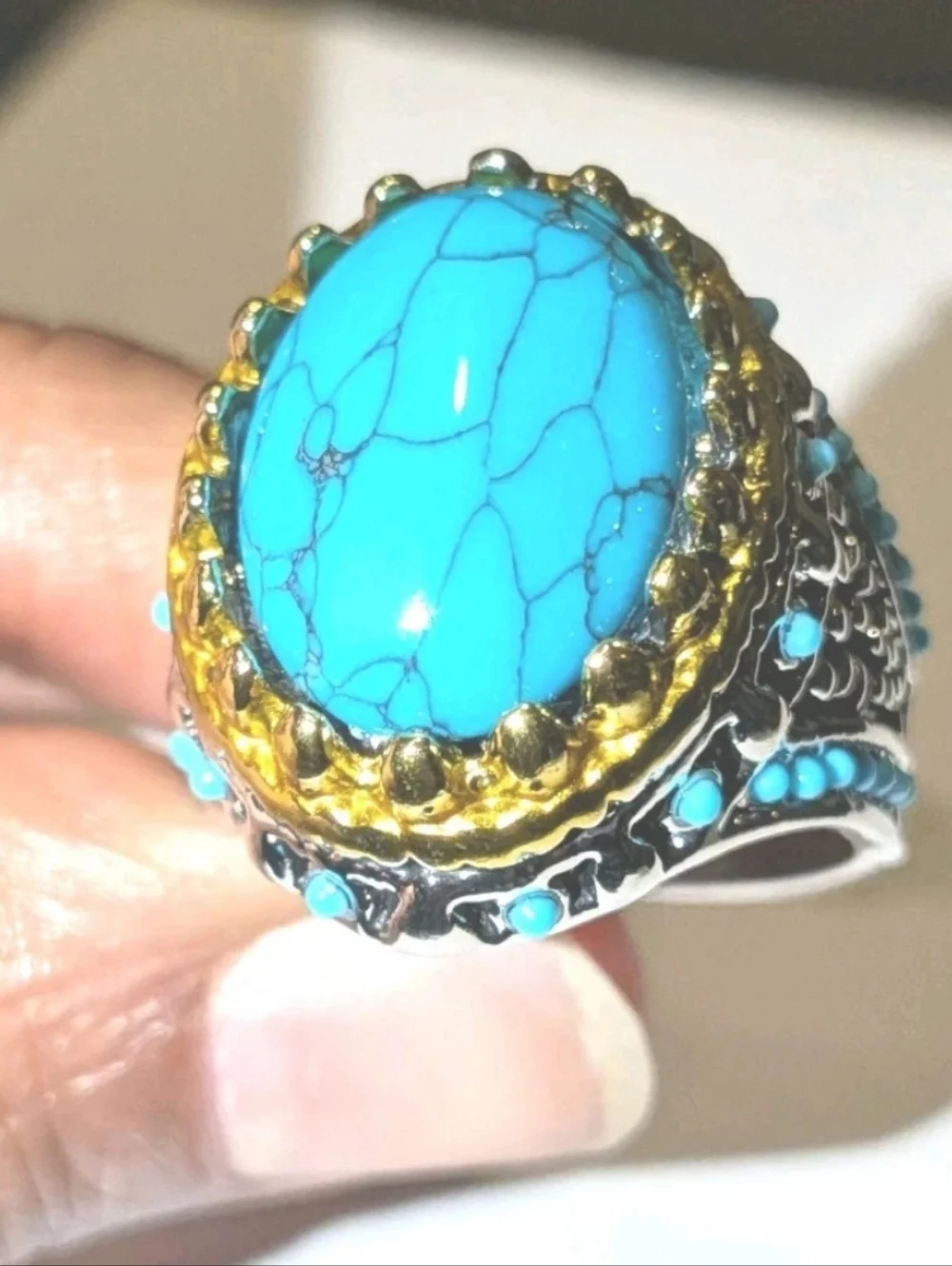 Retro Punk Style Ring Simulated Turquoise Two Tone Polished Statement Band Ring